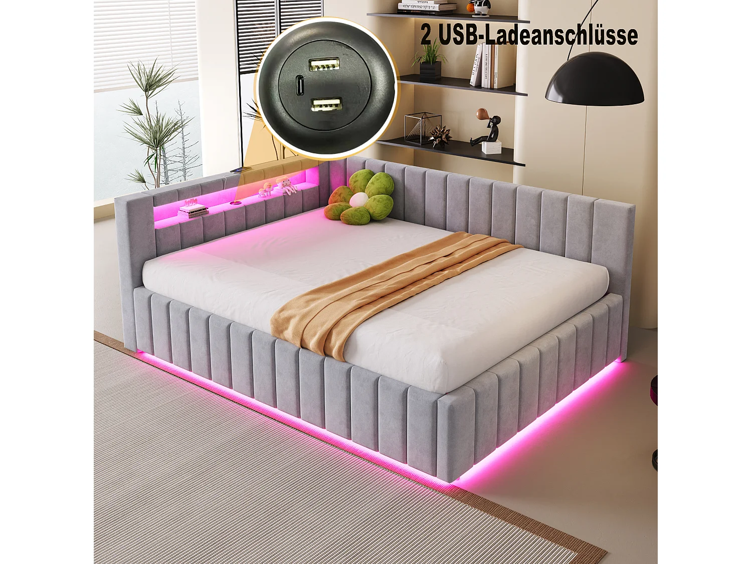 Slaapbank 140x200 cm met opbergruimte, led-lampje en USB-aansluiting - Lichtgrijs fluweel (zonder matras)