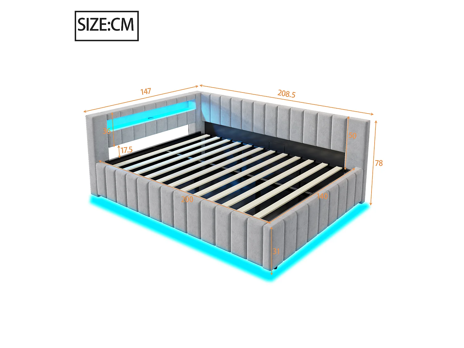 Slaapbank 140x200 cm met opbergruimte, led-lampje en USB-aansluiting - Lichtgrijs fluweel (zonder matras)