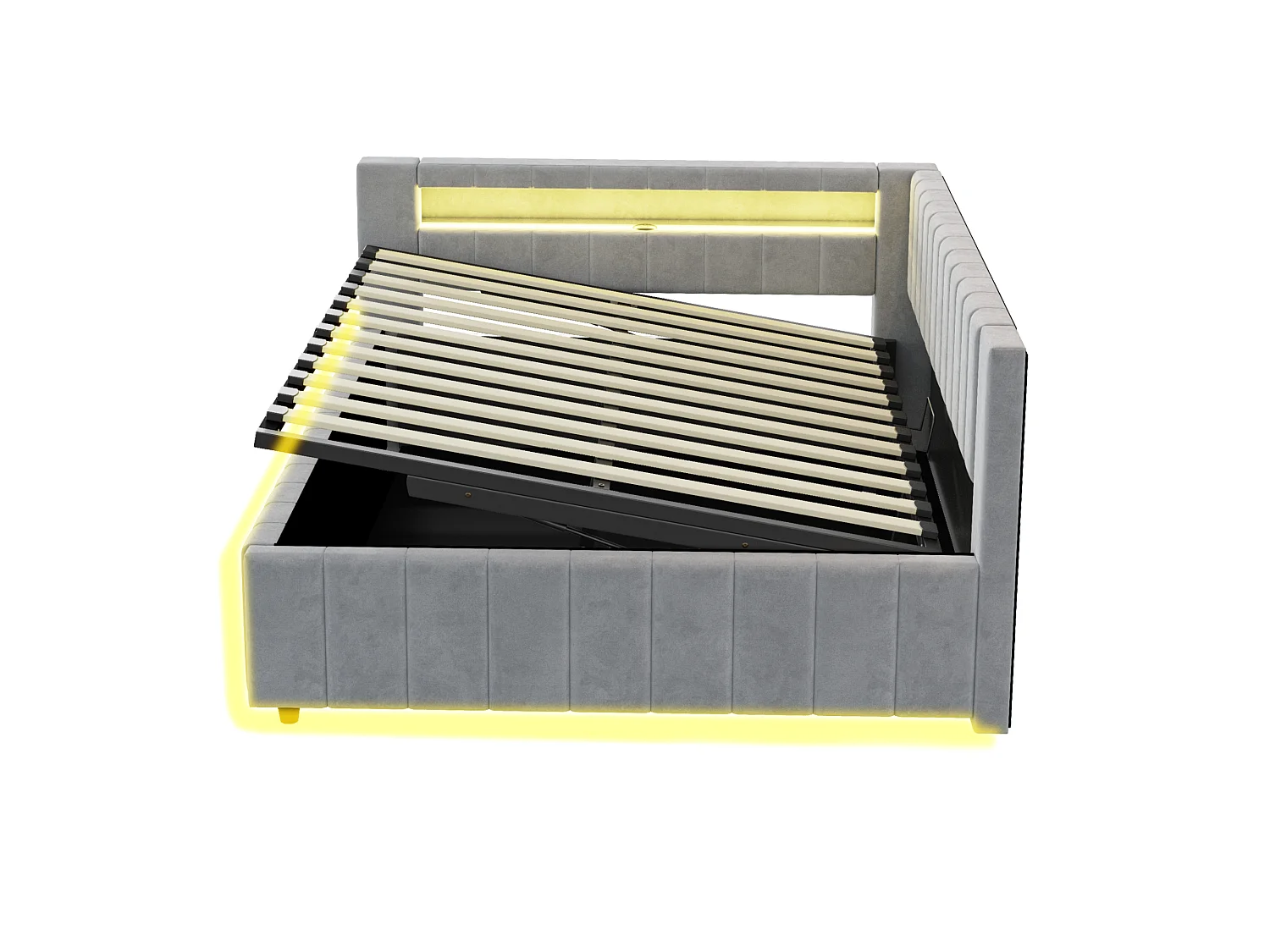 Slaapbank 140x200 cm met opbergruimte, led-lampje en USB-aansluiting - Lichtgrijs fluweel (zonder matras)