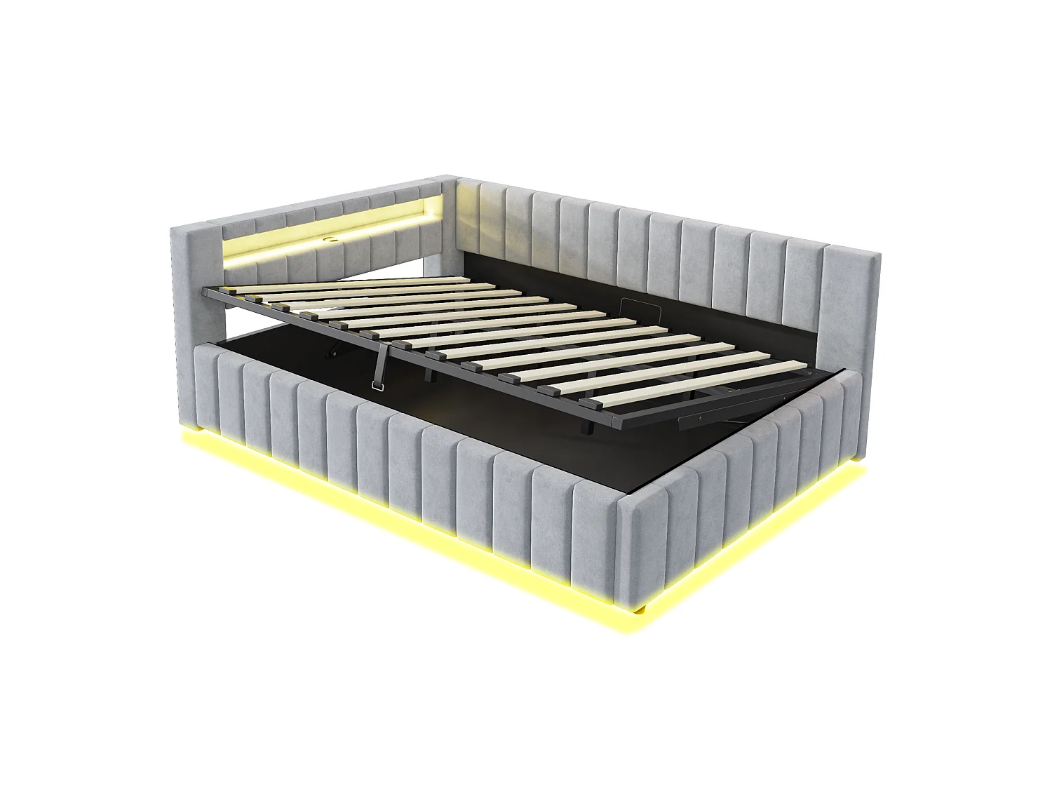 Slaapbank 140x200 cm met opbergruimte, led-lampje en USB-aansluiting - Lichtgrijs fluweel (zonder matras)