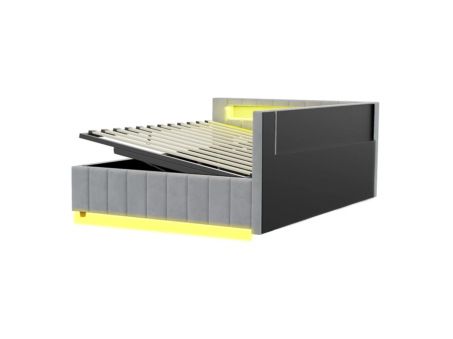 Slaapbank 140x200 cm met opbergruimte, led-lampje en USB-aansluiting - Lichtgrijs fluweel (zonder matras)
