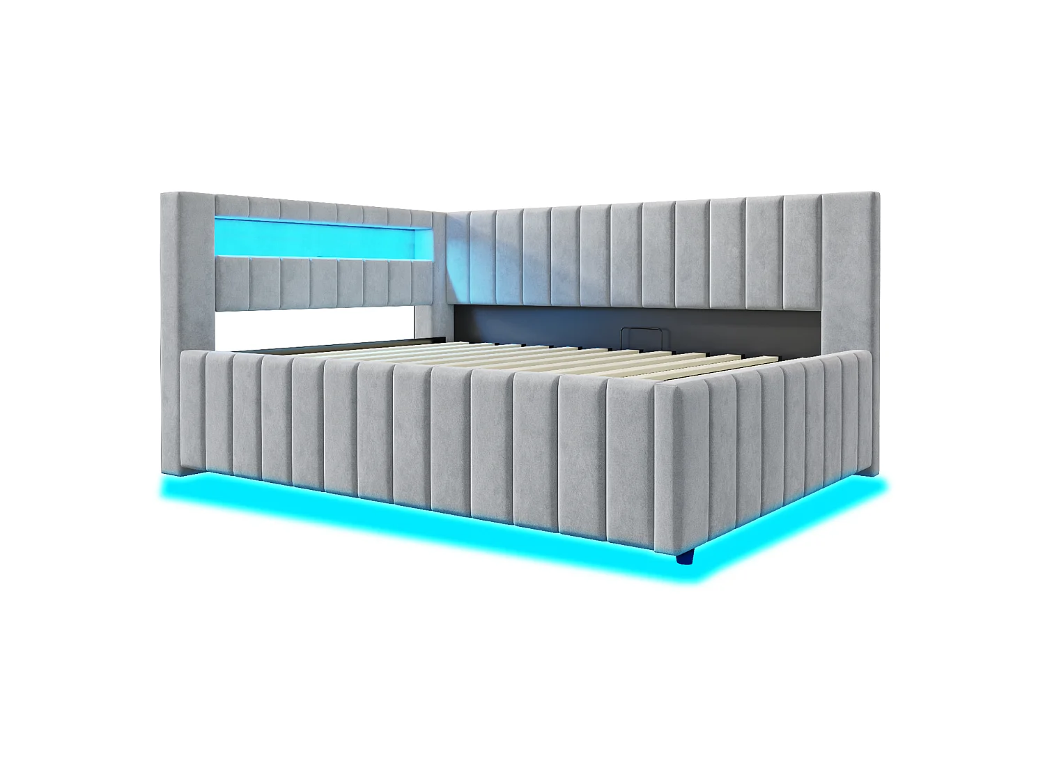 Slaapbank 140x200 cm met opbergruimte, led-lampje en USB-aansluiting - Lichtgrijs fluweel (zonder matras)
