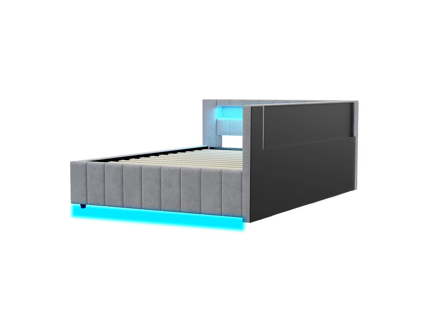Slaapbank 140x200 cm met opbergruimte, led-lampje en USB-aansluiting - Lichtgrijs fluweel (zonder matras)