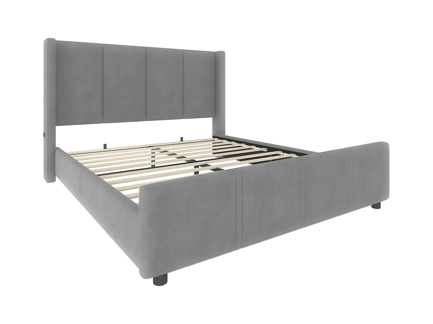 Lit adulte 140x190 cm avec port de charge USB, sommier à lattes - velours gris - sans matelas