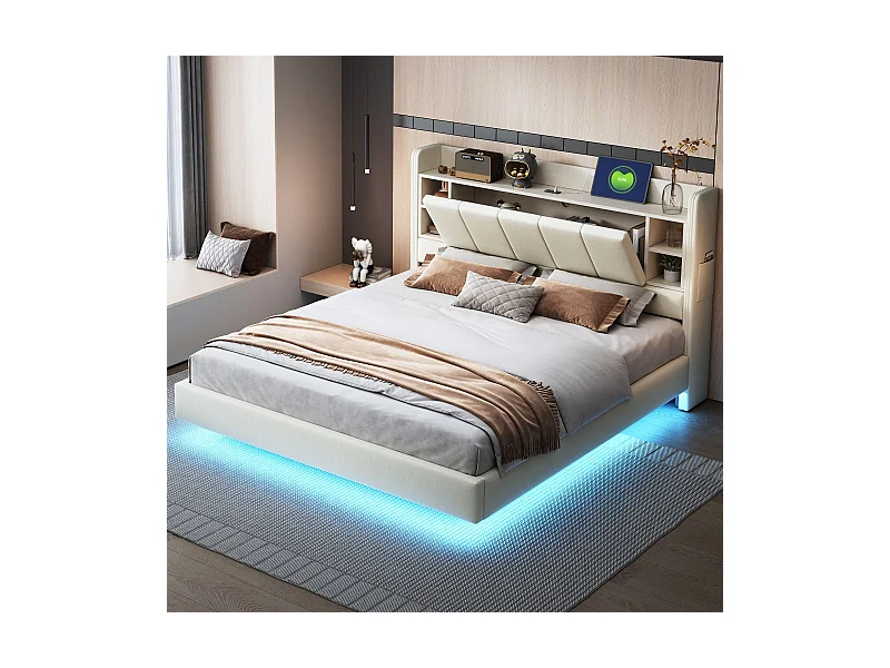 Doppelbett 160x200 cm mit USB-Anschluss und LED, Kopfteil mit Stauraum – beiges Leinen – ohne Matratze