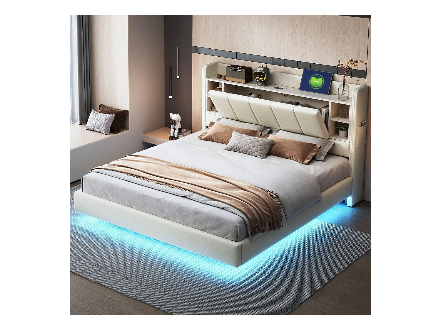 Doppelbett 160x200 cm mit USB-Anschluss und LED, Kopfteil mit Stauraum – beiges Leinen – ohne Matratze