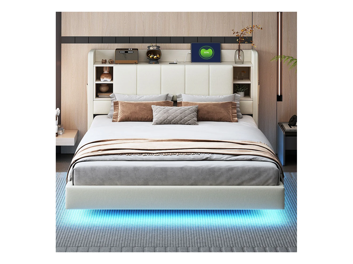 Doppelbett 160x200 cm mit USB-Anschluss und LED, Kopfteil mit Stauraum – beiges Leinen – ohne Matratze