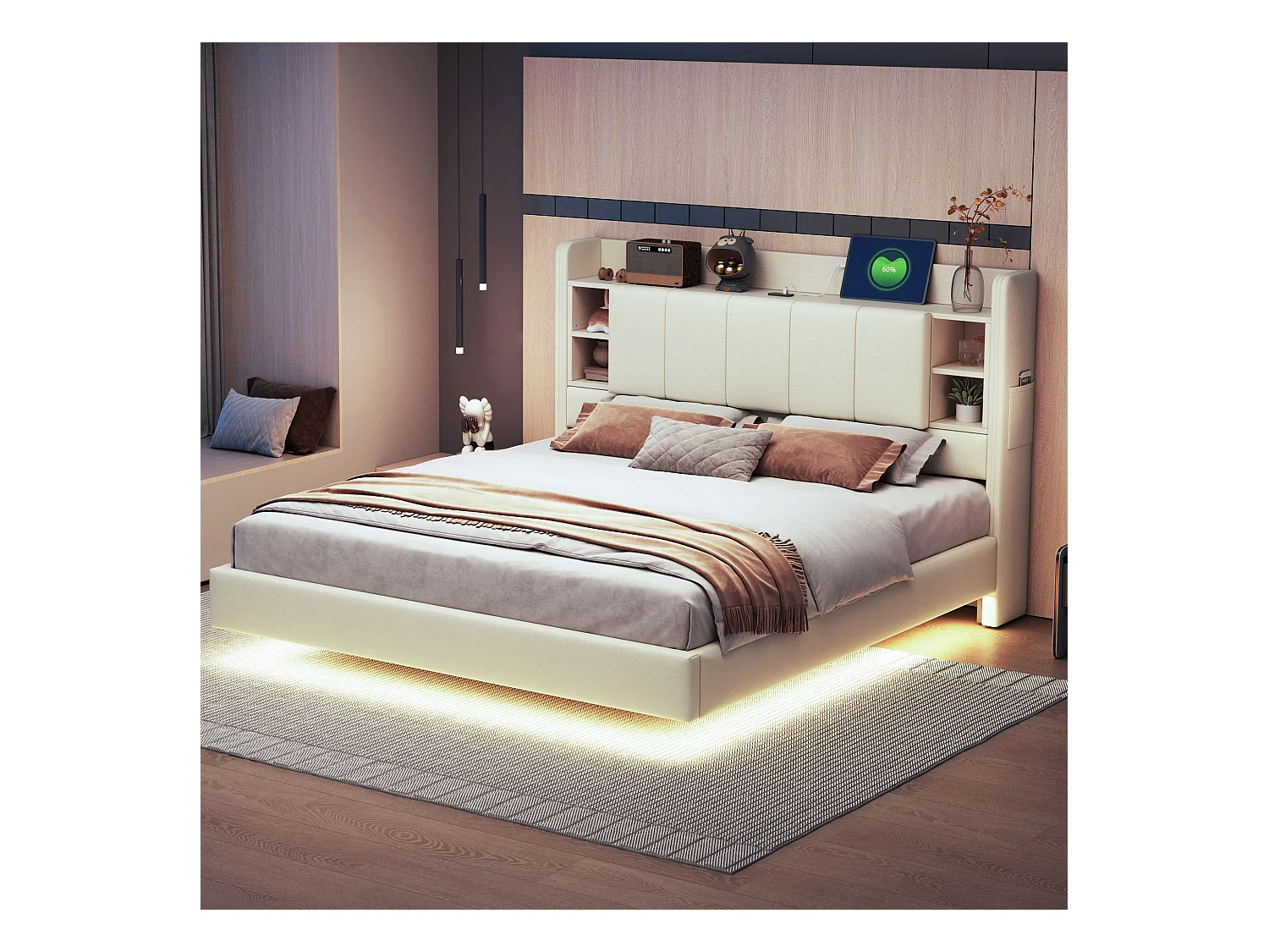 Doppelbett 160x200 cm mit USB-Anschluss und LED, Kopfteil mit Stauraum – beiges Leinen – ohne Matratze