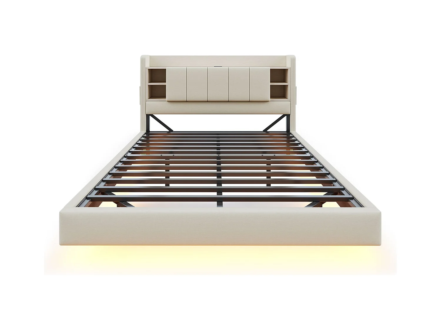 Doppelbett 160x200 cm mit USB-Anschluss und LED, Kopfteil mit Stauraum – beiges Leinen – ohne Matratze
