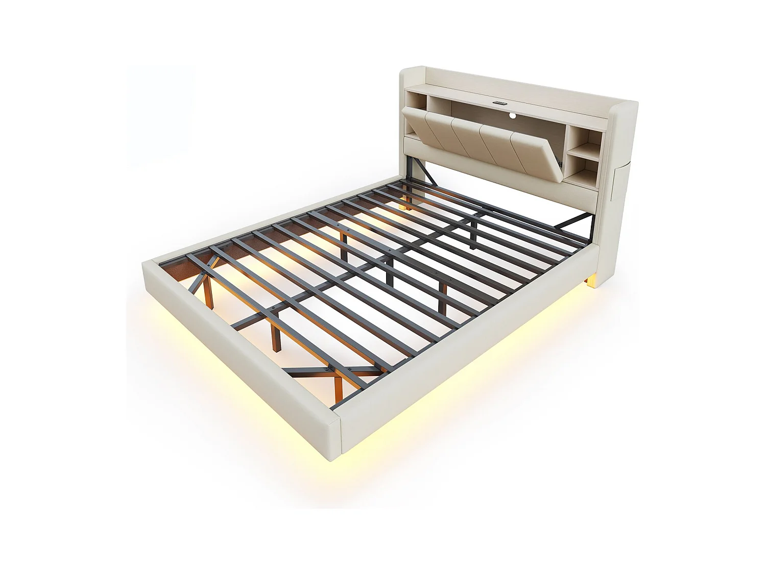 Doppelbett 160x200 cm mit USB-Anschluss und LED, Kopfteil mit Stauraum – beiges Leinen – ohne Matratze