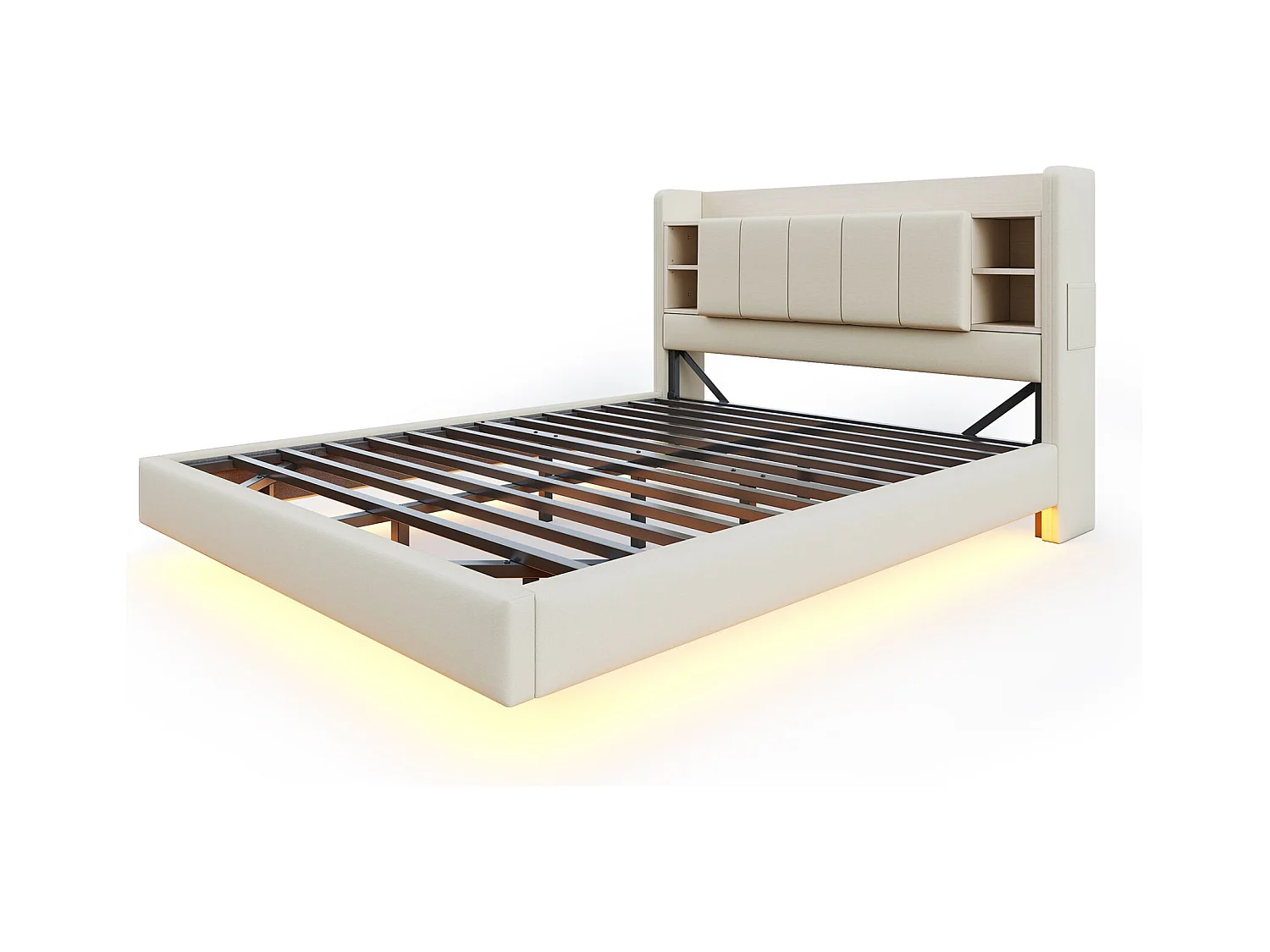 Doppelbett 160x200 cm mit USB-Anschluss und LED, Kopfteil mit Stauraum – beiges Leinen – ohne Matratze