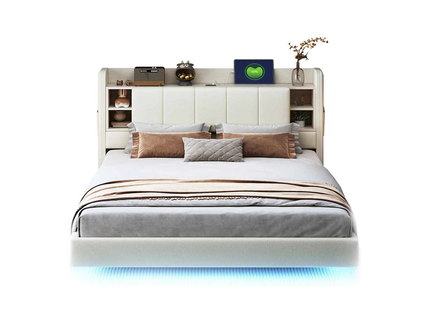 Doppelbett 160x200 cm mit USB-Anschluss und LED, Kopfteil mit Stauraum – beiges Leinen – ohne Matratze