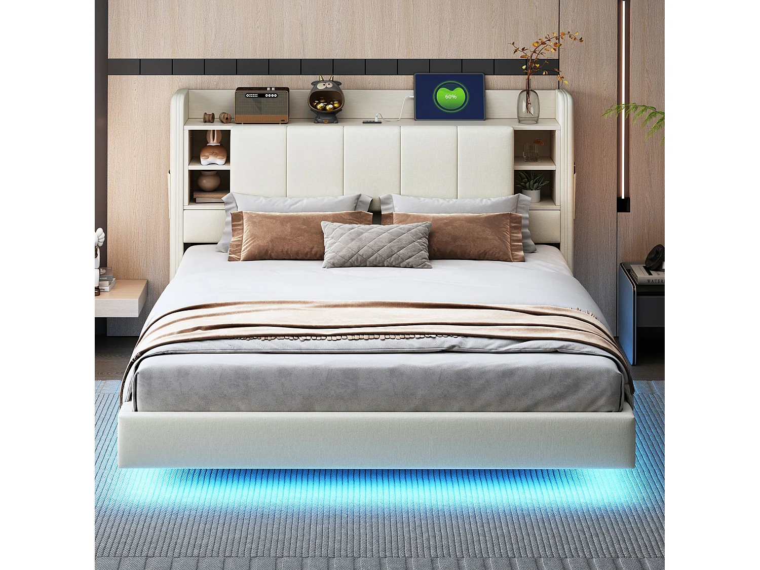 Doppelbett 160x200 cm mit USB-Anschluss und LED, Kopfteil mit Stauraum – beiges Leinen – ohne Matratze