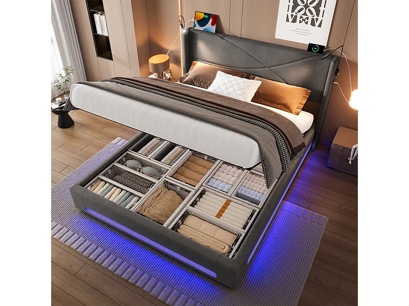 Lit coffre 140x200 cm avec 2 liseuses et éclairage LED, port USB - velours gris - sans matelas