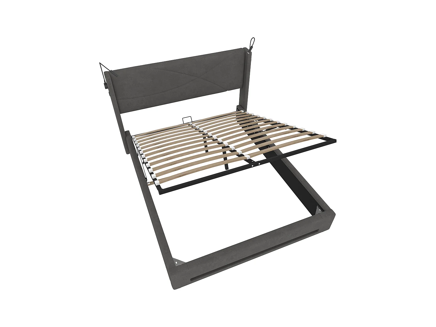 Lit coffre 140x200 cm avec 2 liseuses et éclairage LED, port USB - velours gris - sans matelas