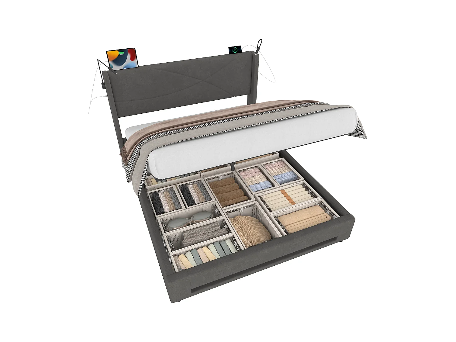 Lit coffre 140x200 cm avec 2 liseuses et éclairage LED, port USB - velours gris - sans matelas