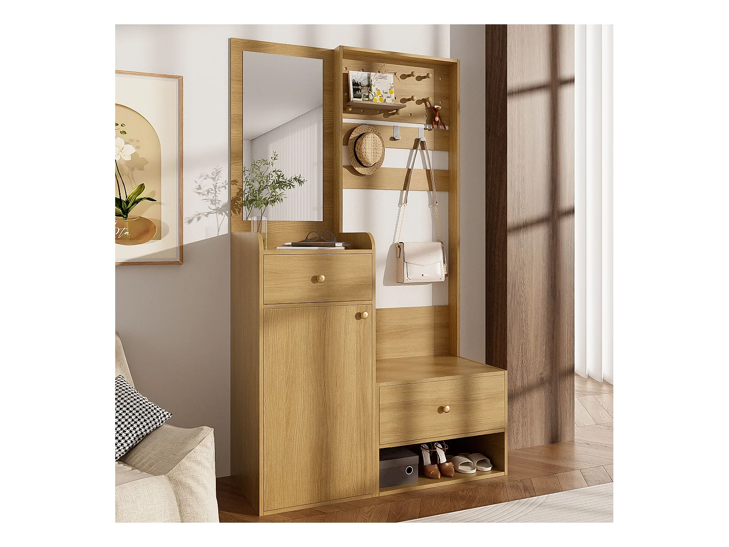 Porte-manteau naturel avec miroir et crochets réglables, 2 tiroirs de rangement - pour l'entrée