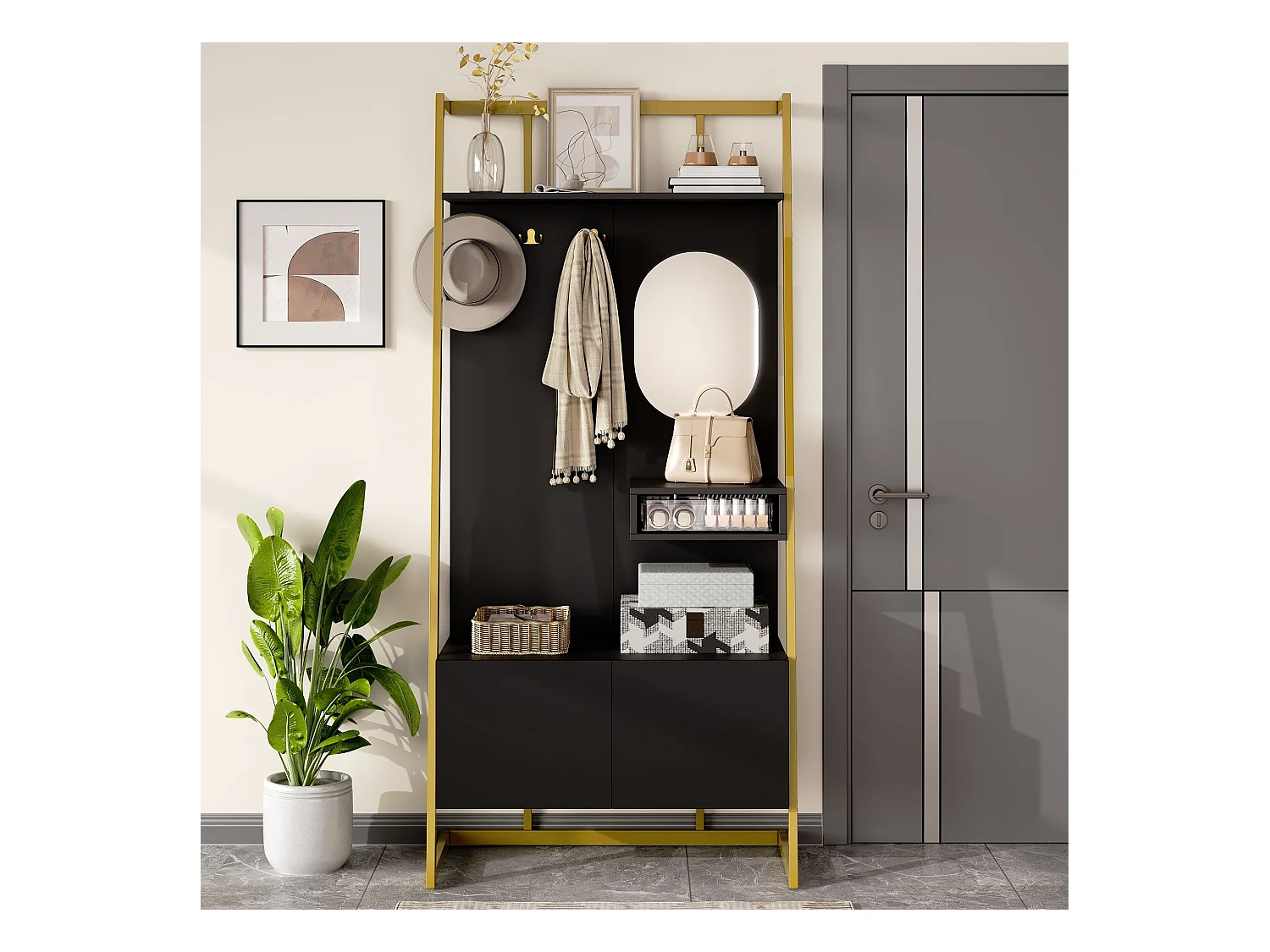 Porte-manteau avec meuble à chaussures 2 portes, patères métalliques et miroir  - noir et doré