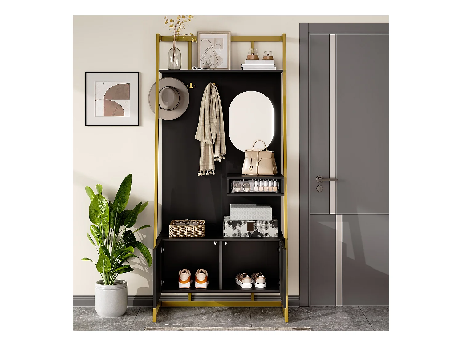 Porte-manteau avec meuble à chaussures 2 portes, patères métalliques et miroir  - noir et doré