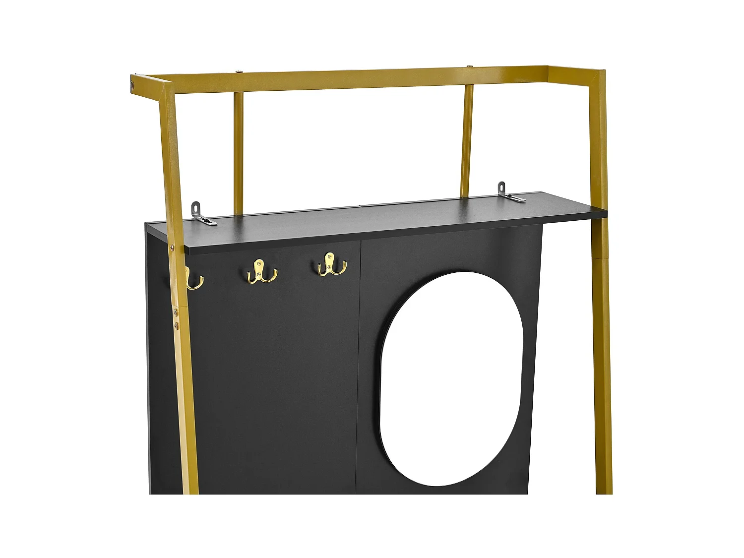 Porte-manteau avec meuble à chaussures 2 portes, patères métalliques et miroir  - noir et doré