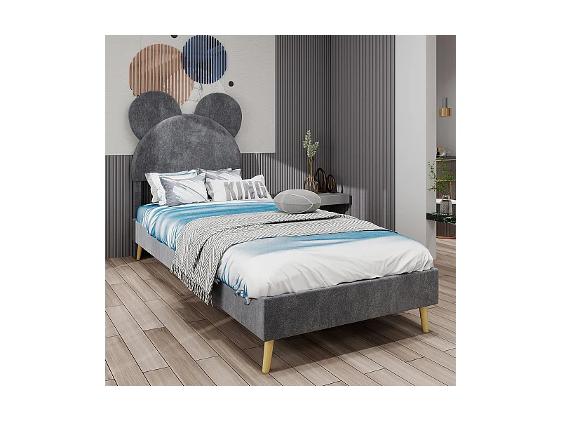 Kinderbett 90 x 200 cm mit Cartoon-Kopfteil und Lattenrost – grauer Samt (ohne Matratze)