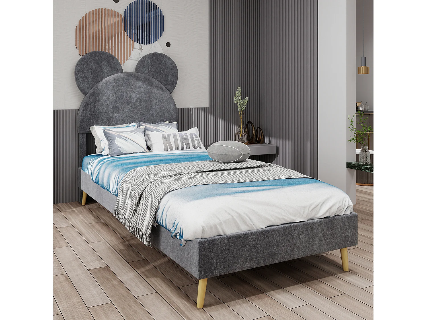 Lit enfant 90x200 cm avec tête de lit dessin animé et sommier à lattes - velours gris (sans matelas)