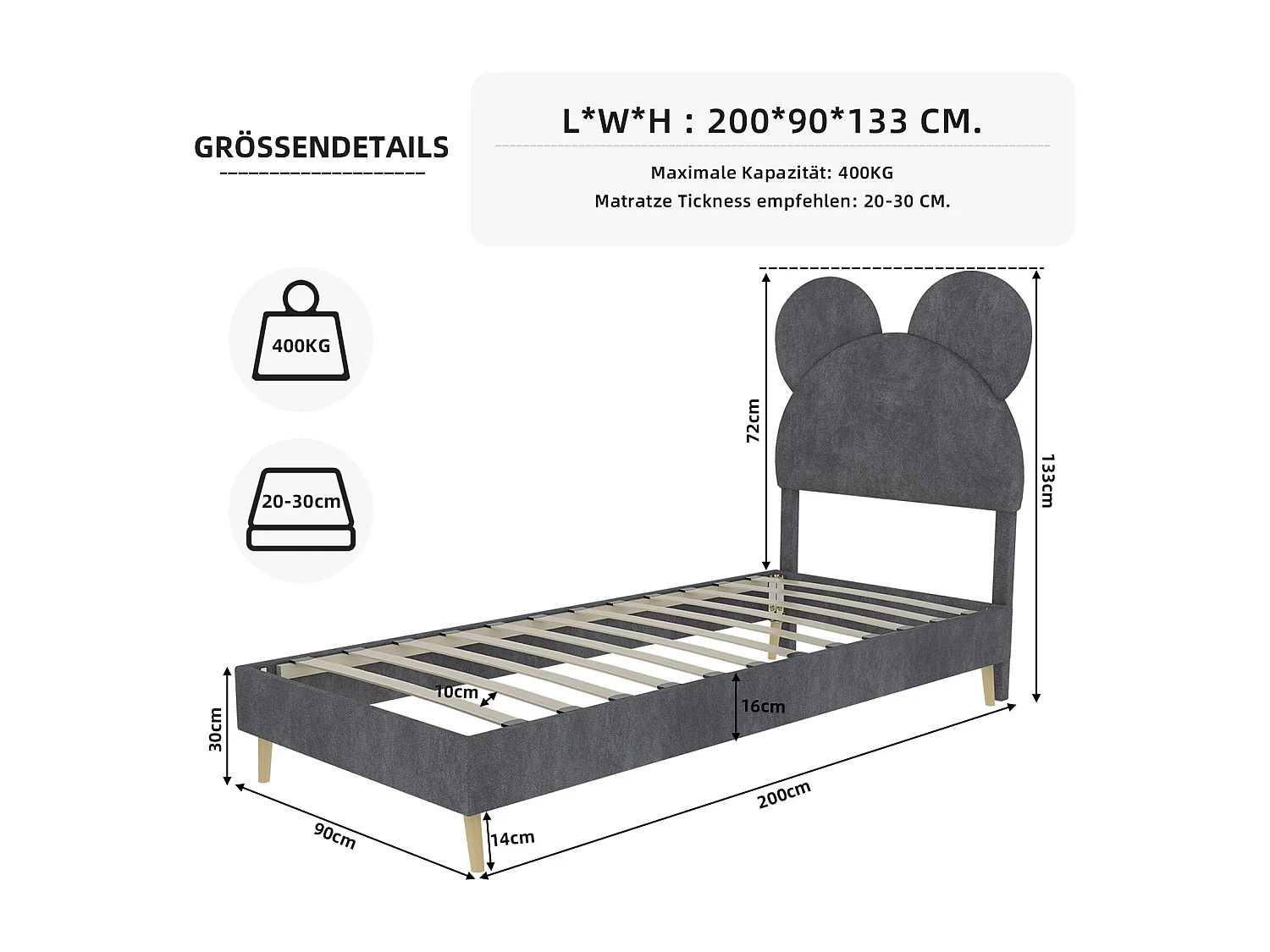 Lit enfant 90x200 cm avec tête de lit dessin animé et sommier à lattes - velours gris (sans matelas)