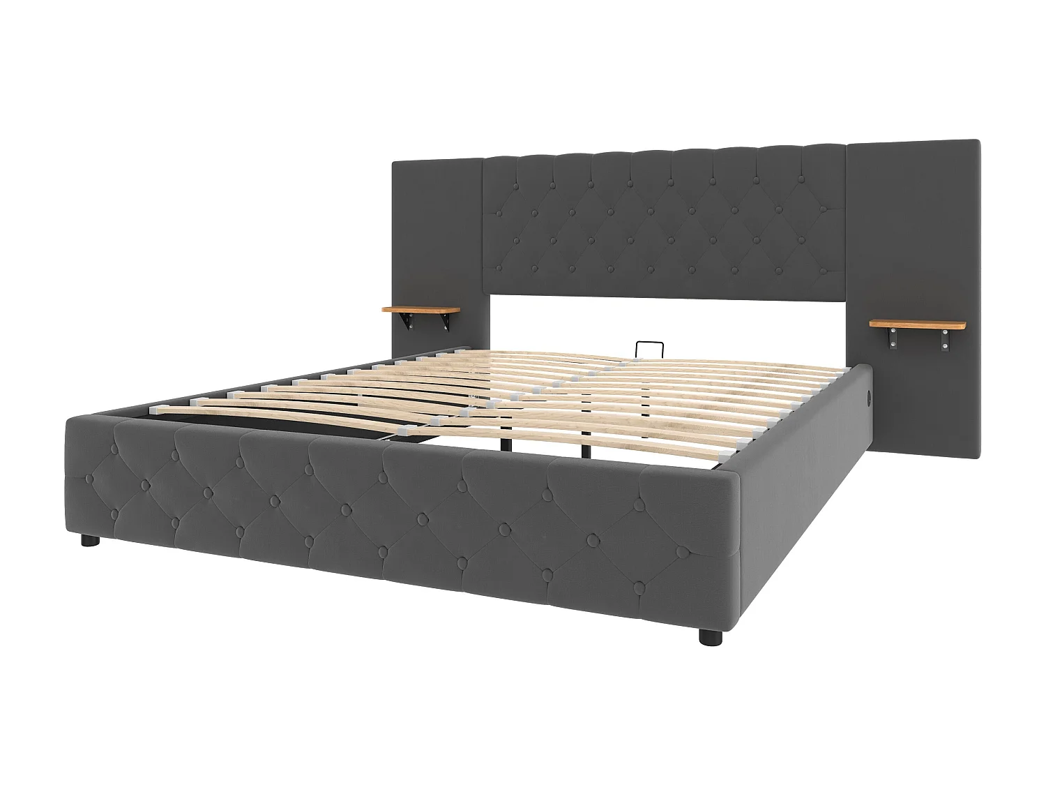 Lit coffre 160x200 cm avec LED et port USB, tête de lit large - velours gris - sans matelas