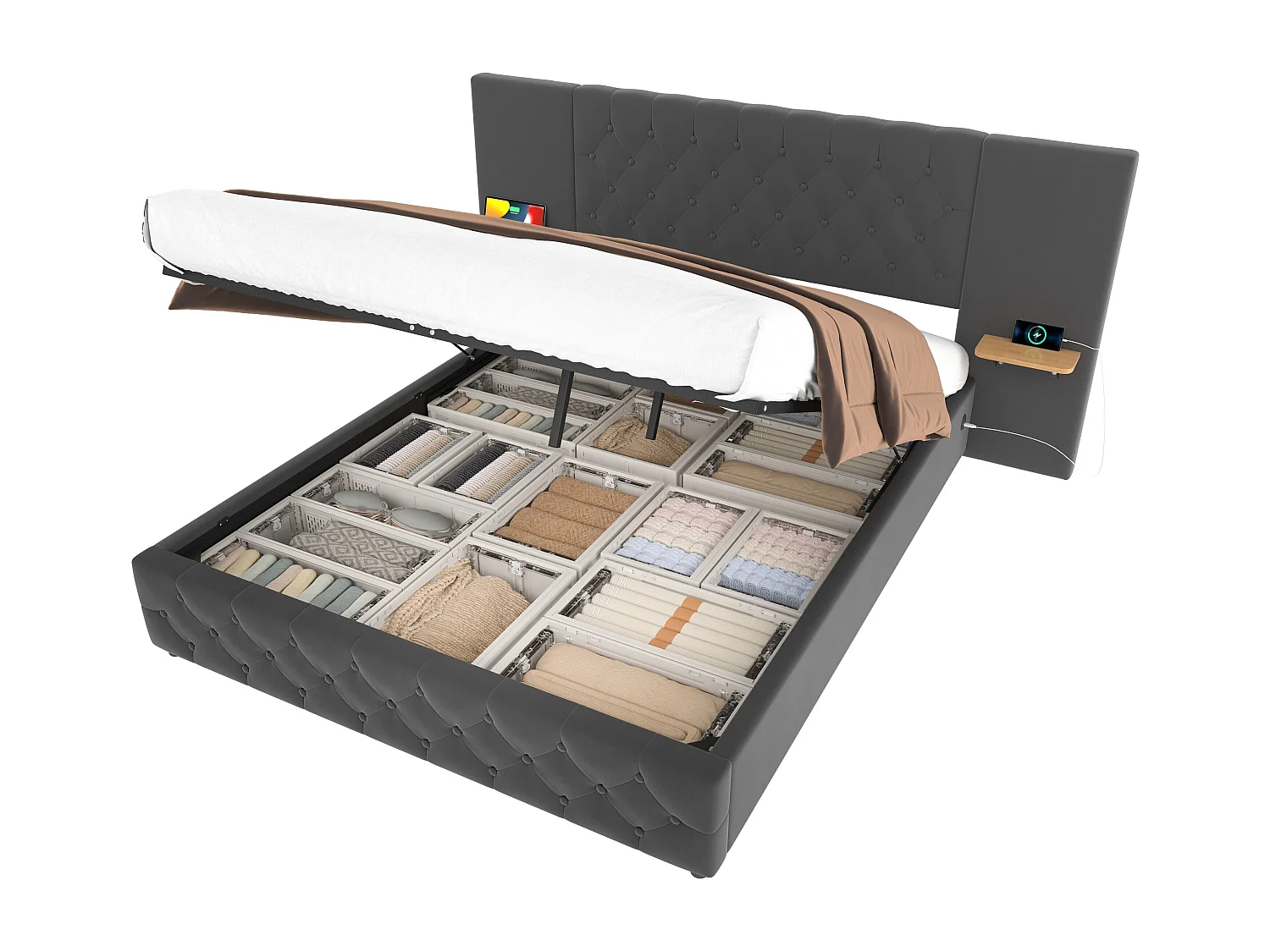 Lit coffre 160x200 cm avec LED et port USB, tête de lit large - velours gris - sans matelas