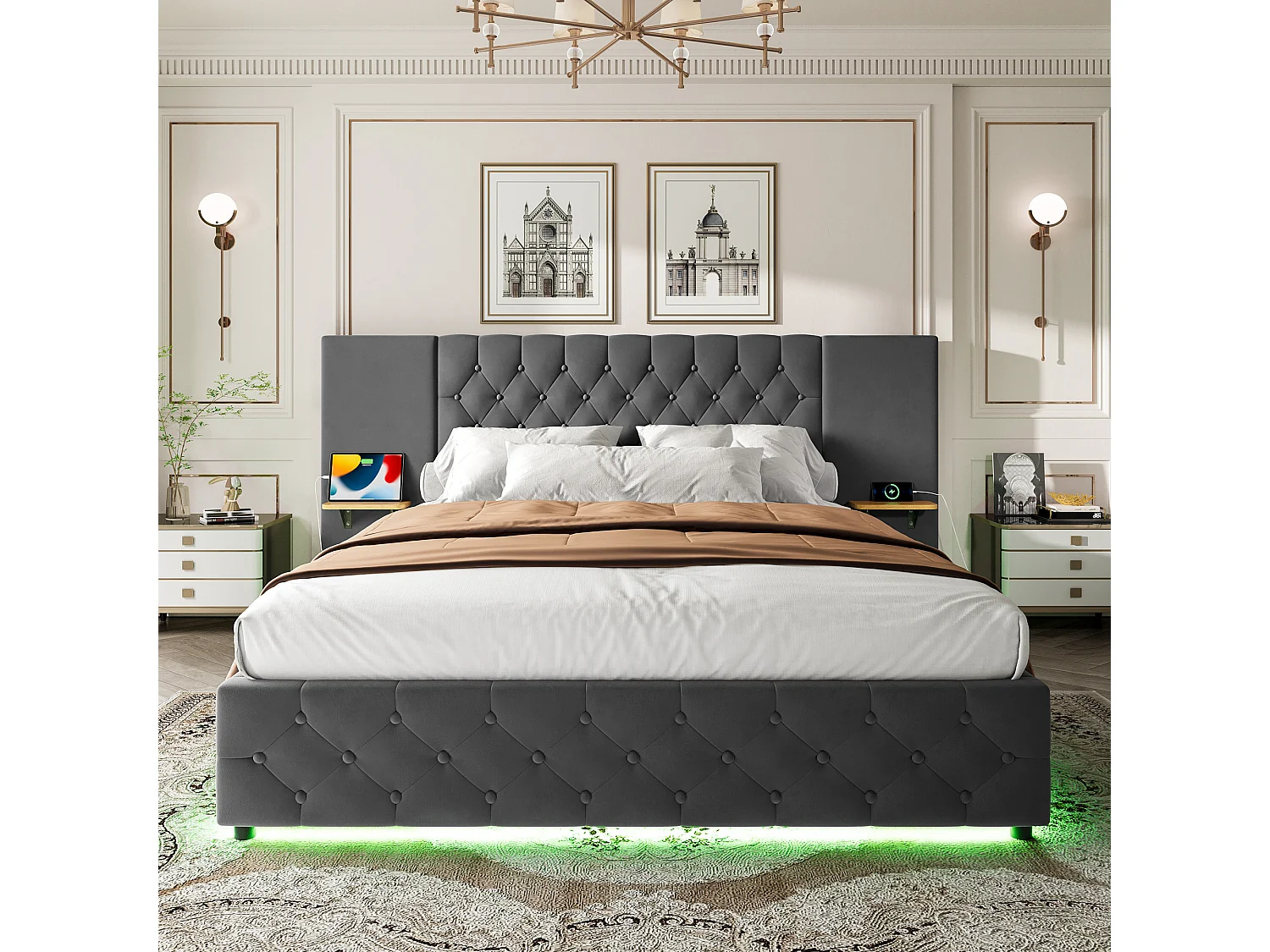 Stauraumbett 160x200 cm mit LED und USB-Anschluss, breites Kopfteil – grauer Samt – ohne Matratze