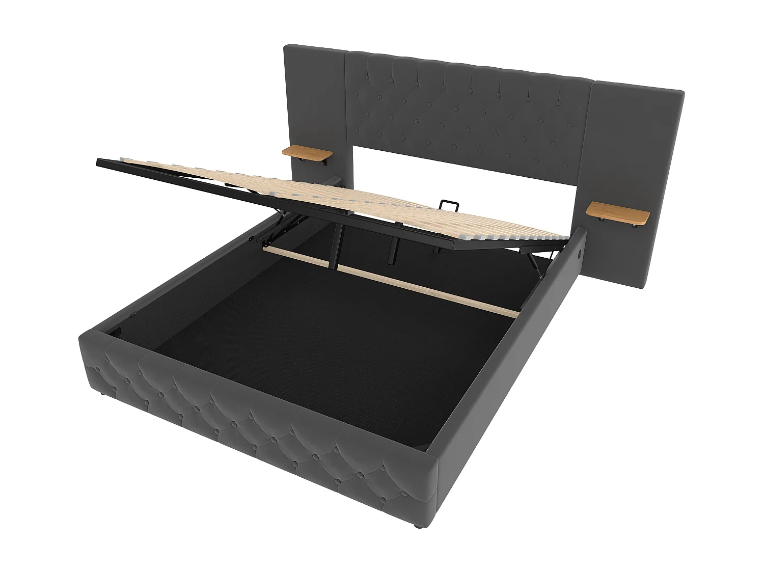 Stauraumbett 160x200 cm mit LED und USB-Anschluss, breites Kopfteil – grauer Samt – ohne Matratze