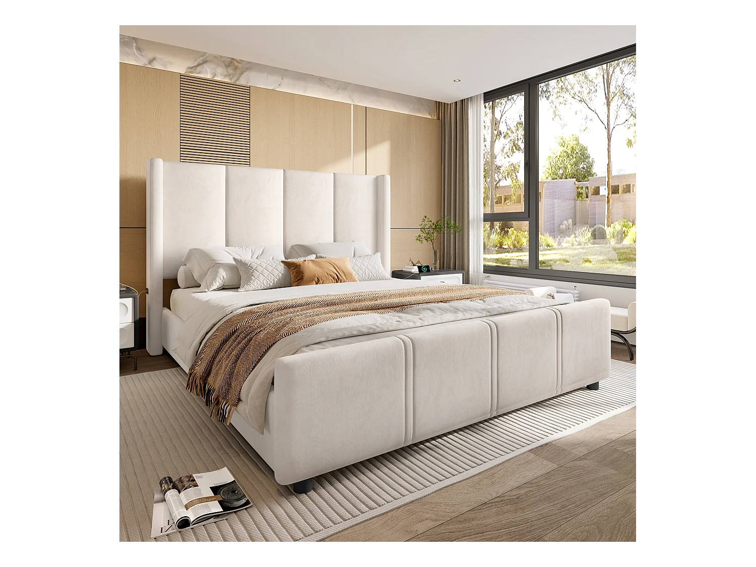 Tweepersoonsbed 160x200 cm met hoofdbord en lattenbodem, USB-poort - beige fluweel (zonder matras)