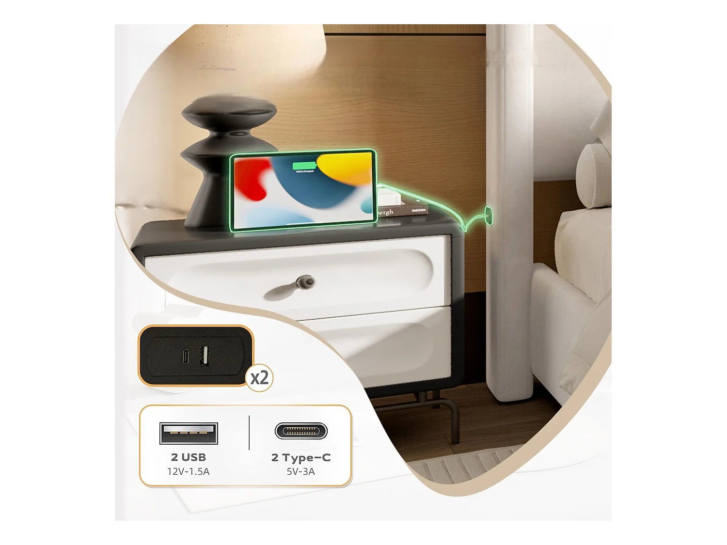 Tweepersoonsbed 160x200 cm met hoofdbord en lattenbodem, USB-poort - beige fluweel (zonder matras)