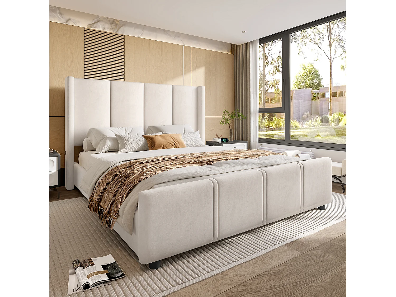Lit double 160x200 cm avec tête de lit et sommier à lattes, port USB - velours beige (sans matelas)