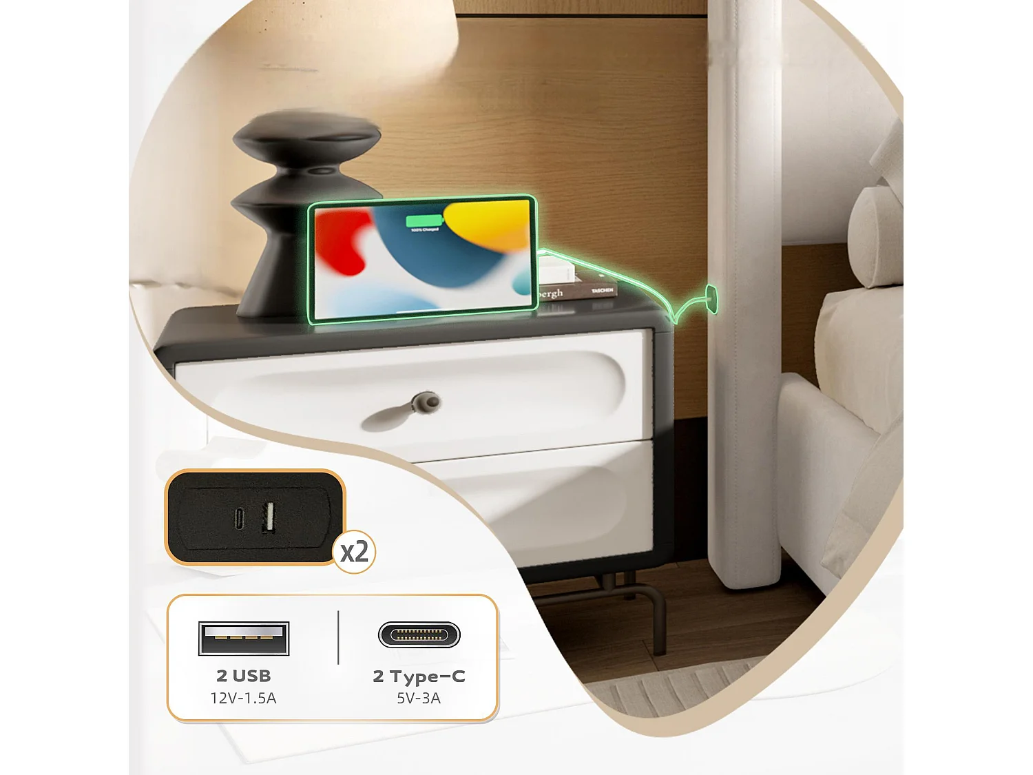 Lit double 160x200 cm avec tête de lit et sommier à lattes, port USB - velours beige (sans matelas)