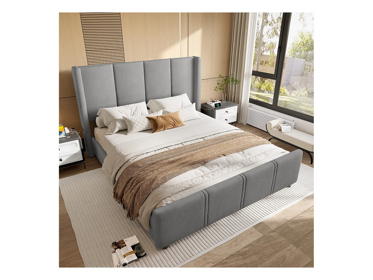 Lit adulte 140x200 cm avec tête de lit et sommier à lattes, port USB - velours gris(sans matelas)