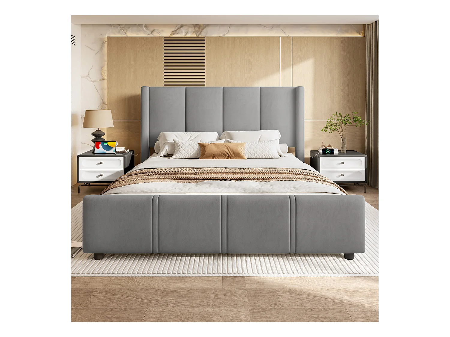 Lit adulte 140x200 cm avec tête de lit et sommier à lattes, port USB - velours gris(sans matelas)