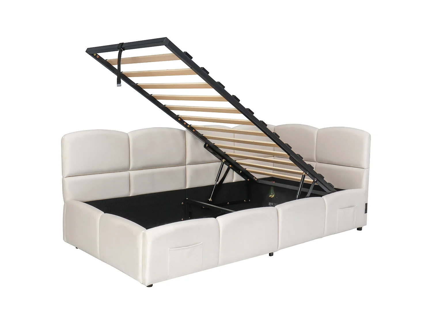 Lit banquette 90x200 cm avec rangement et sommier à lattes, prise USB - velours beige (sans matelas)