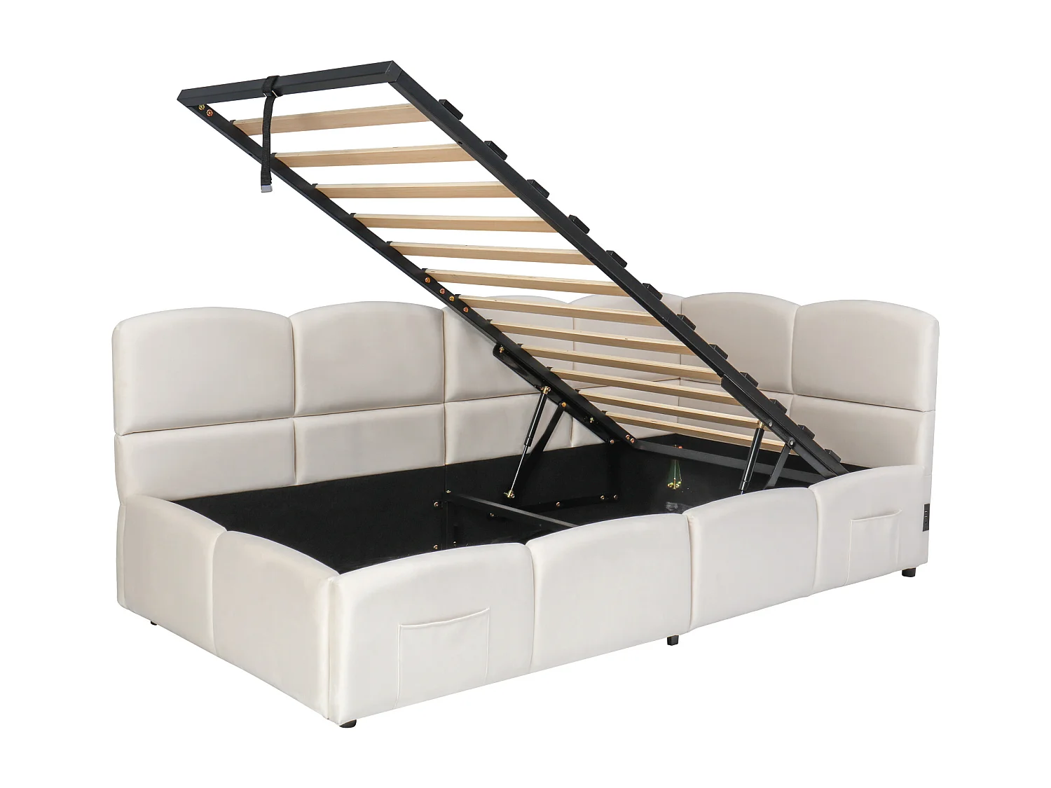 Slaapbank 90x200 cm met opbergruimte en lattenbodem, USB-aansluiting - beige fluweel (zonder matras)