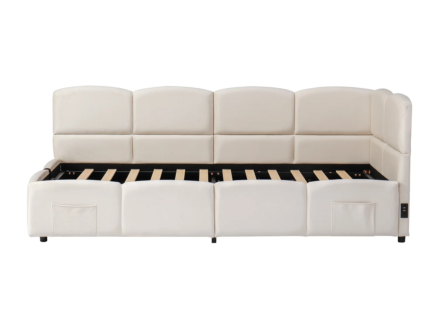 Slaapbank 90x200 cm met opbergruimte en lattenbodem, USB-aansluiting - beige fluweel (zonder matras)