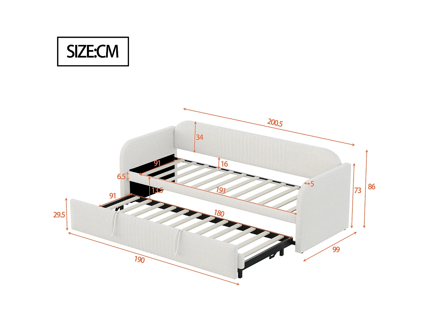 Lit banquette 90/180x190 cm avec lit gigogne et sommier à lattes - lin beige (sans matelas)