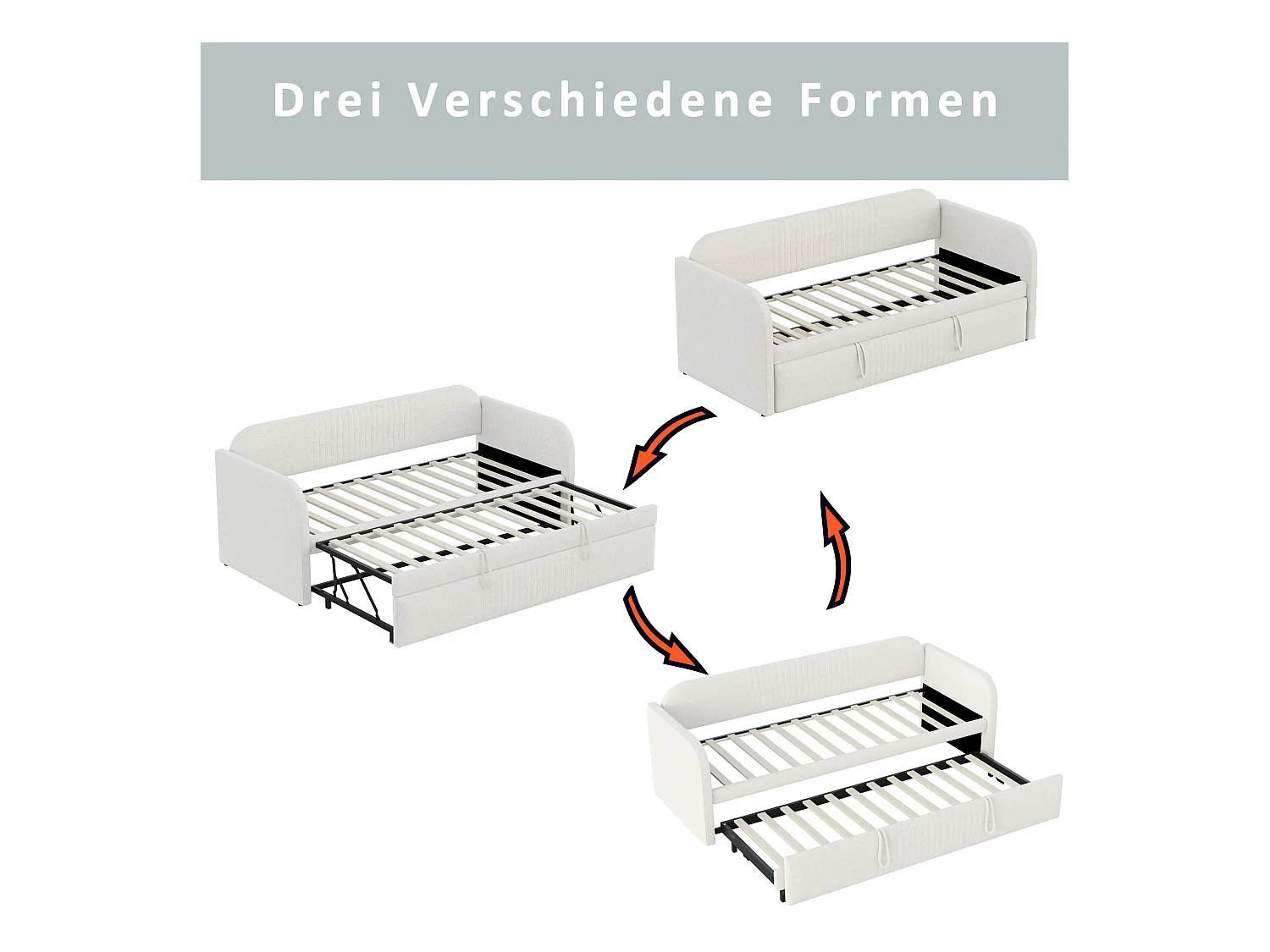 Lit banquette 90/180x190 cm avec lit gigogne et sommier à lattes - lin beige (sans matelas)