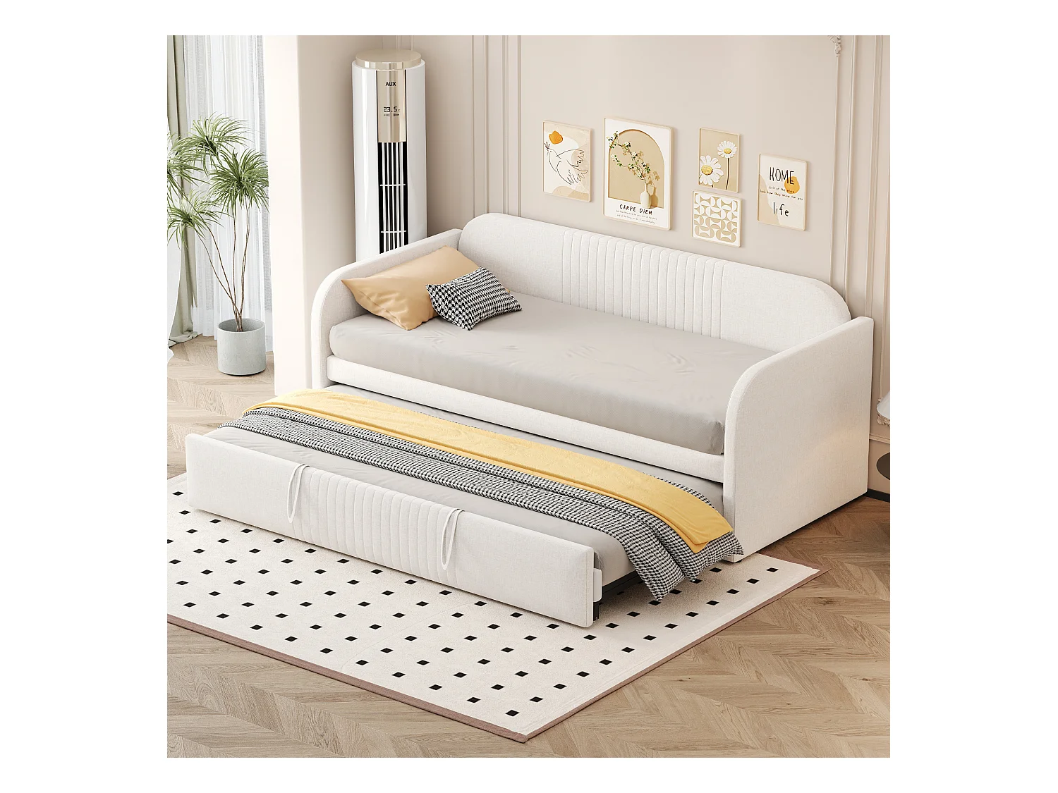 Slaapbank 90/180x190 cm met uitschuifbaar bed en lattenbodem - Beige linnen (zonder matras)