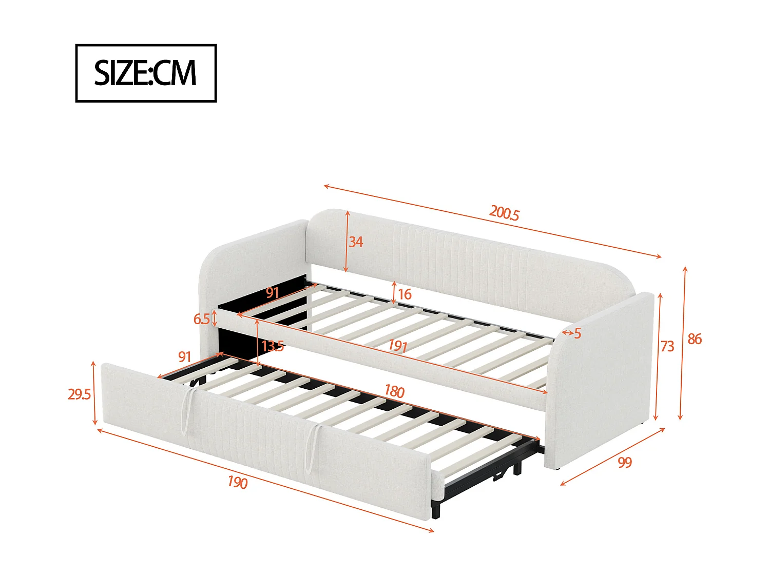 Schlafsofa 90/180 x 190 cm mit Ausziehbett und Lattenrost – Leinen in Beige (ohne Matratze)