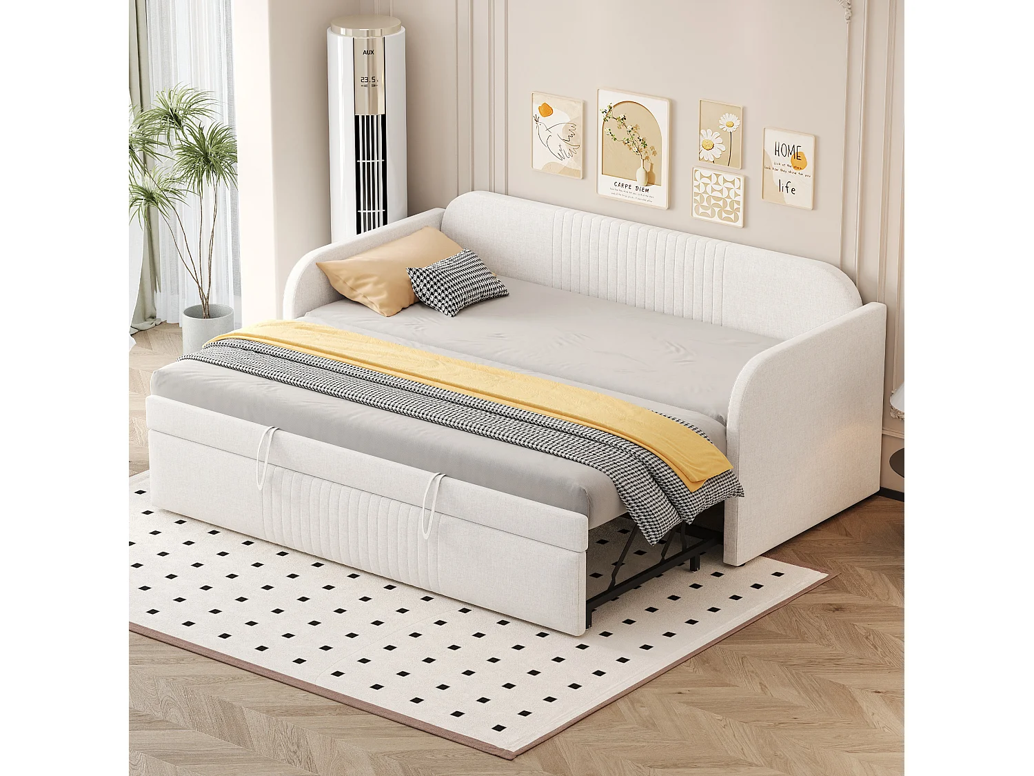 Divano letto 90/180x190 cm con letto estraibile e rete a doghe - lino beige (senza materasso)
