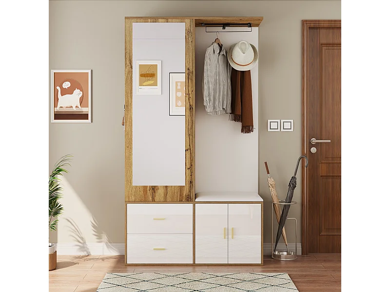 Porte-manteau avec miroir, banc à chaussures et tringle à vêtements rétractable - blanc et naturel