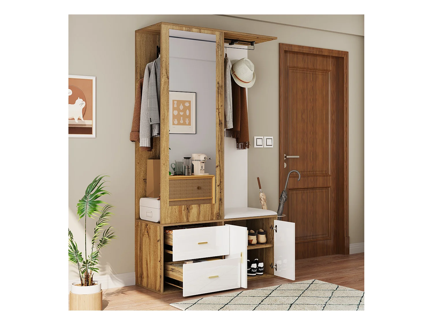 Porte-manteau avec miroir, banc à chaussures et tringle à vêtements rétractable - blanc et naturel