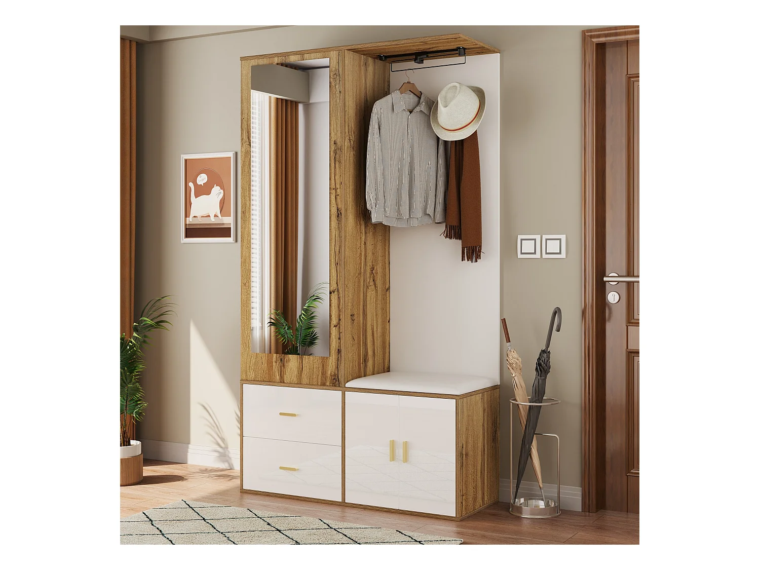 Porte-manteau avec miroir, banc à chaussures et tringle à vêtements rétractable - blanc et naturel