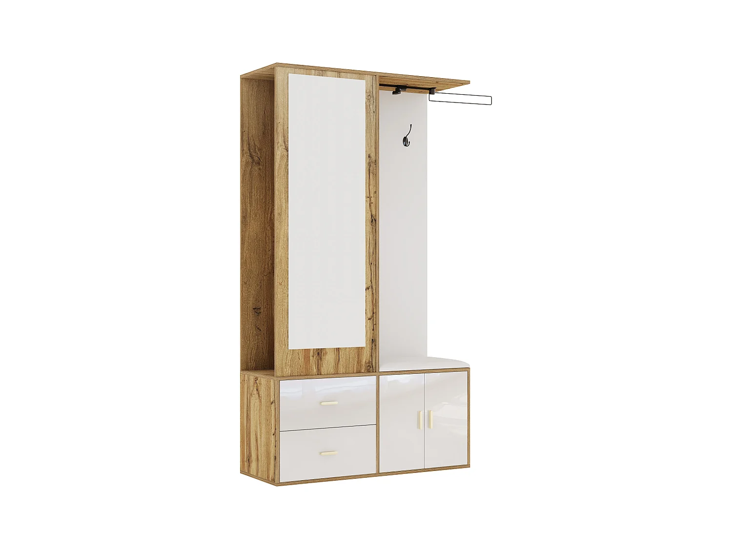 Porte-manteau avec miroir, banc à chaussures et tringle à vêtements rétractable - blanc et naturel