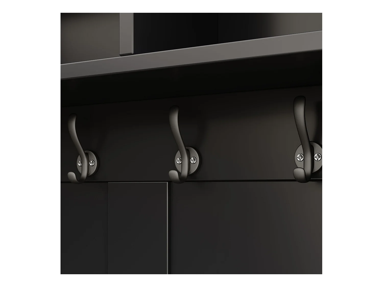 Porte-manteau noir avec 1 porte et 4 espaces de rangement ouverts, 6 crochets - pour l'entrée